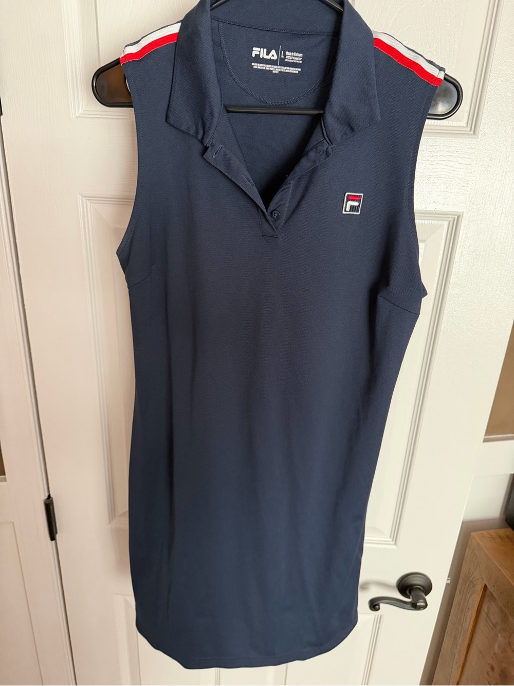 Fila Navy Sleeveless Polo Dress With Red & White Shoulder Stripes